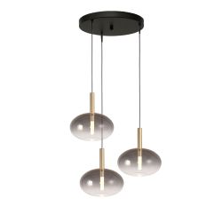 Masterlight Lido LED-Pendelleuchte 3-flammig rund-Glas Rauch-Gold matt-3x Glas oval