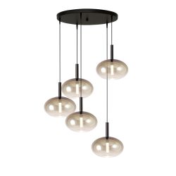 Masterlight Lido LED-Pendelleuchte 5-flammig rund-Glas Gold-Schwarz matt-5x Glas oval