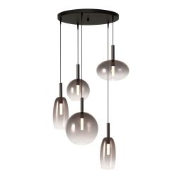 Masterlight Lido LED-Pendelleuchte 5-flammig rund-Glas Rauch-Schwarz matt-1x Glas groß / 1x Glas klein / 1x Glas oval / 2x Glas lang