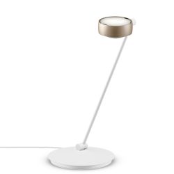 Occhio Sento tavolo 60 LED-Tischleuchte-Kopf/head Gold matt-Körper/body Weiß matt-Fuß/base Weiß matt-Kopfeinsatz Sento E Linse/Glas-Ausrichtung links vom Bediener-mit Occhio air Modul-mit LED (2700K)