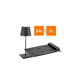 24x Zafferano Poldina Pro Mini LED-Akkuleuchten + 2x Multikontakt-Ladestation-Dunkelgrau