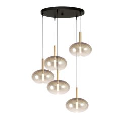 Masterlight Lido LED-Pendelleuchte 5-flammig rund-Glas Gold-Gold matt-5x Glas oval