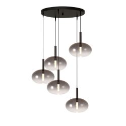 Masterlight Lido LED-Pendelleuchte 5-flammig rund-Glas Rauch-Schwarz matt-5x Glas oval